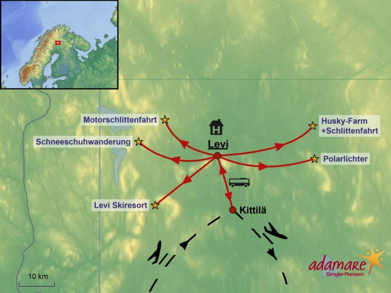 Die Reiseroute für die Singlereise nach Lappland