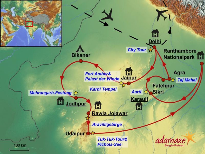 Die Reiseroute für die Abenteuer-Rundreise durch Indien