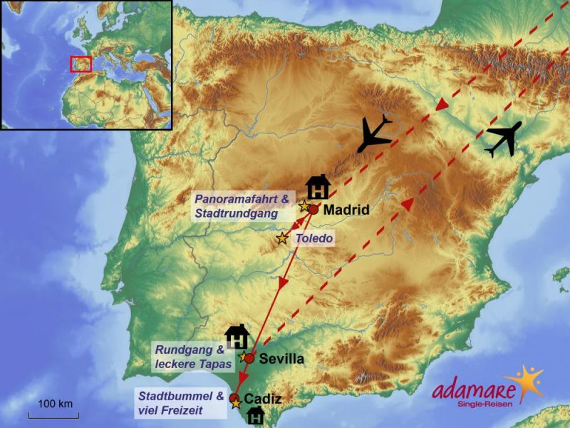 Die Reiseroute für die Madrid & Andalusien Kombi-Singlereise