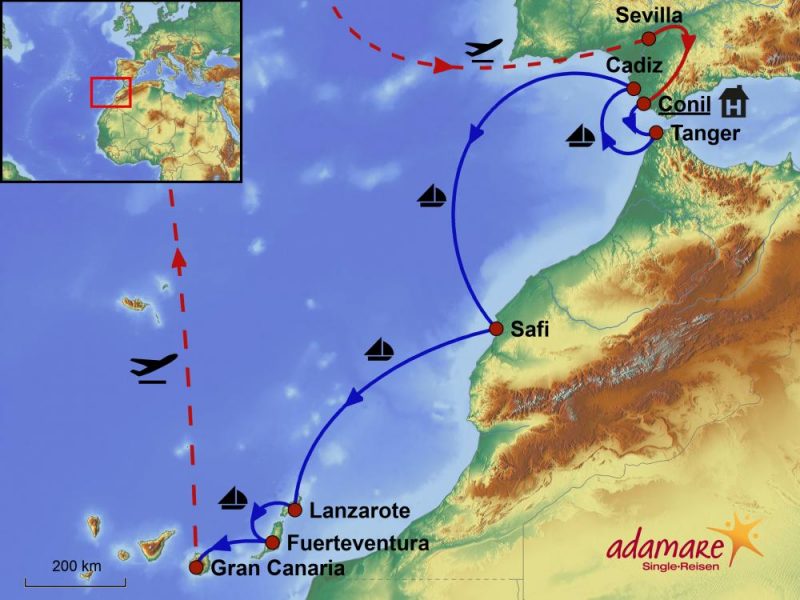 Die Reiseroute für die Singlereise nach Andalusien mit Kreuzfahrt bis Gran Canaria