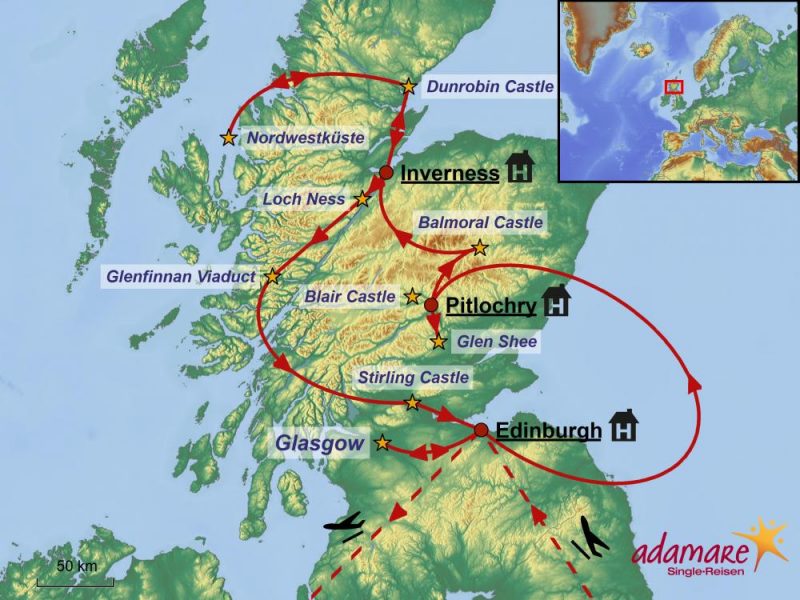 Die Reiseroute für die Singlereise nach Schottland