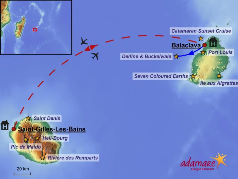 Die Reiseroute für die Singlereise nach Mauritius und Reunion