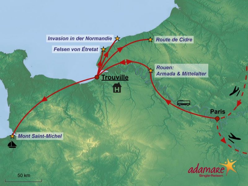 Die Reiseroute für die Singlereise in die Normandie