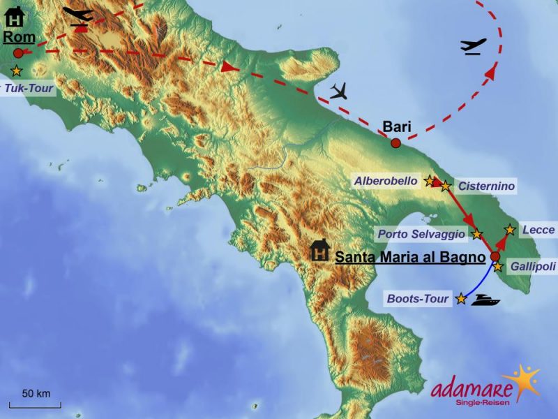 Die Reiseroute für die Singlereise nach Rom und Apulien