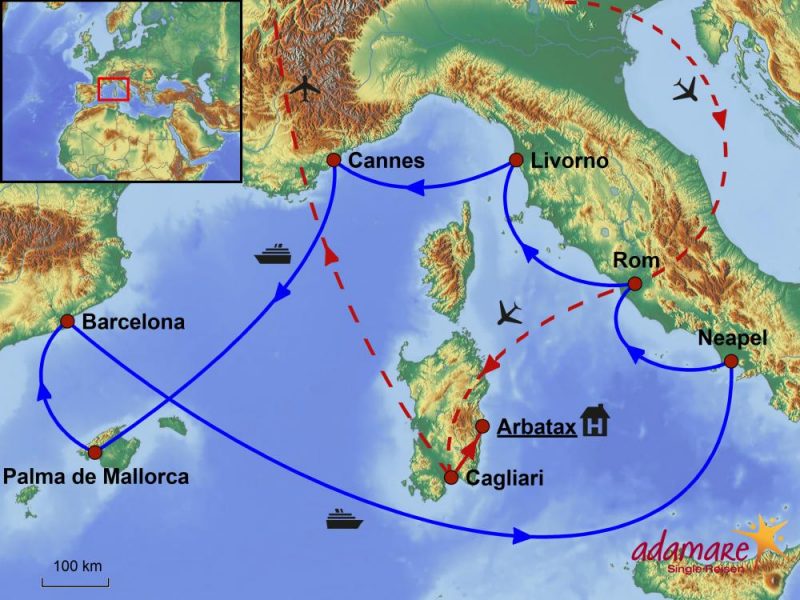 Die Reiseroute für die Mittelmeer-Kreuzfahrt mit Sardinien.