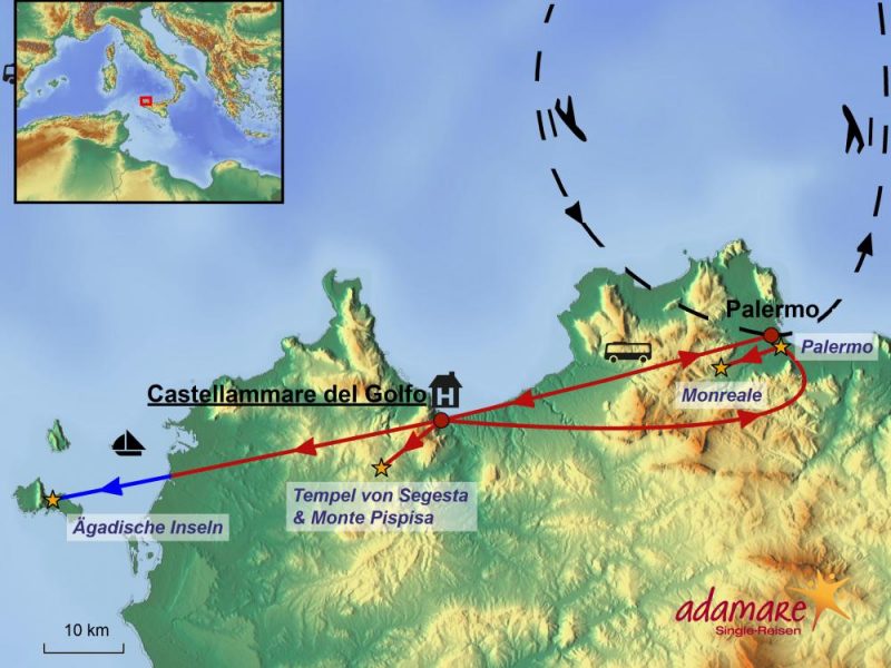 Die Reiseroute für die Sizilien-Standortreise mit den Highlights im Nordwesten