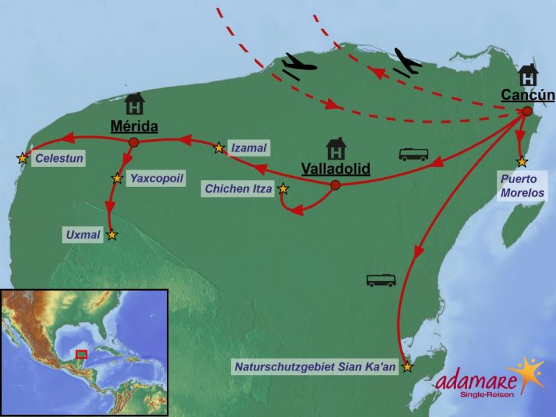 Die Reiseroute für die Highlights Yucatans.