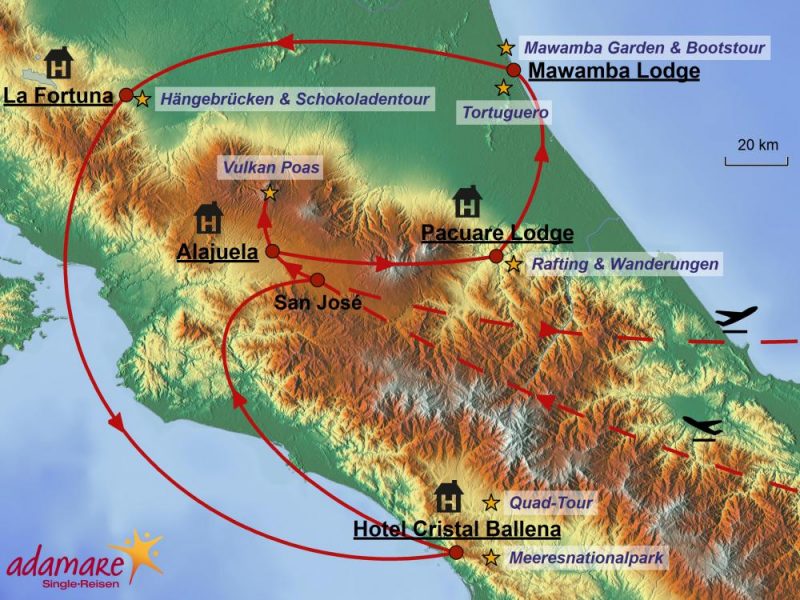 Die Reiseroute für die SInglereise nach Costa Rica